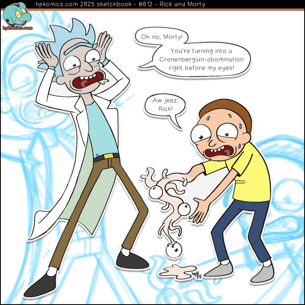 A sketchbook page featuring the iconic Rick and Morty.