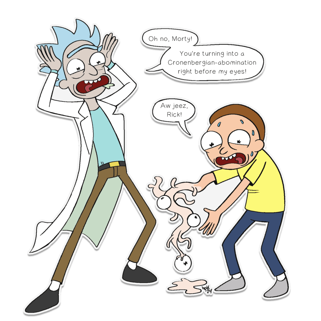 A brief comic depicting Rick and Morty, with Morty becoming a Cronenbergian-abomination.