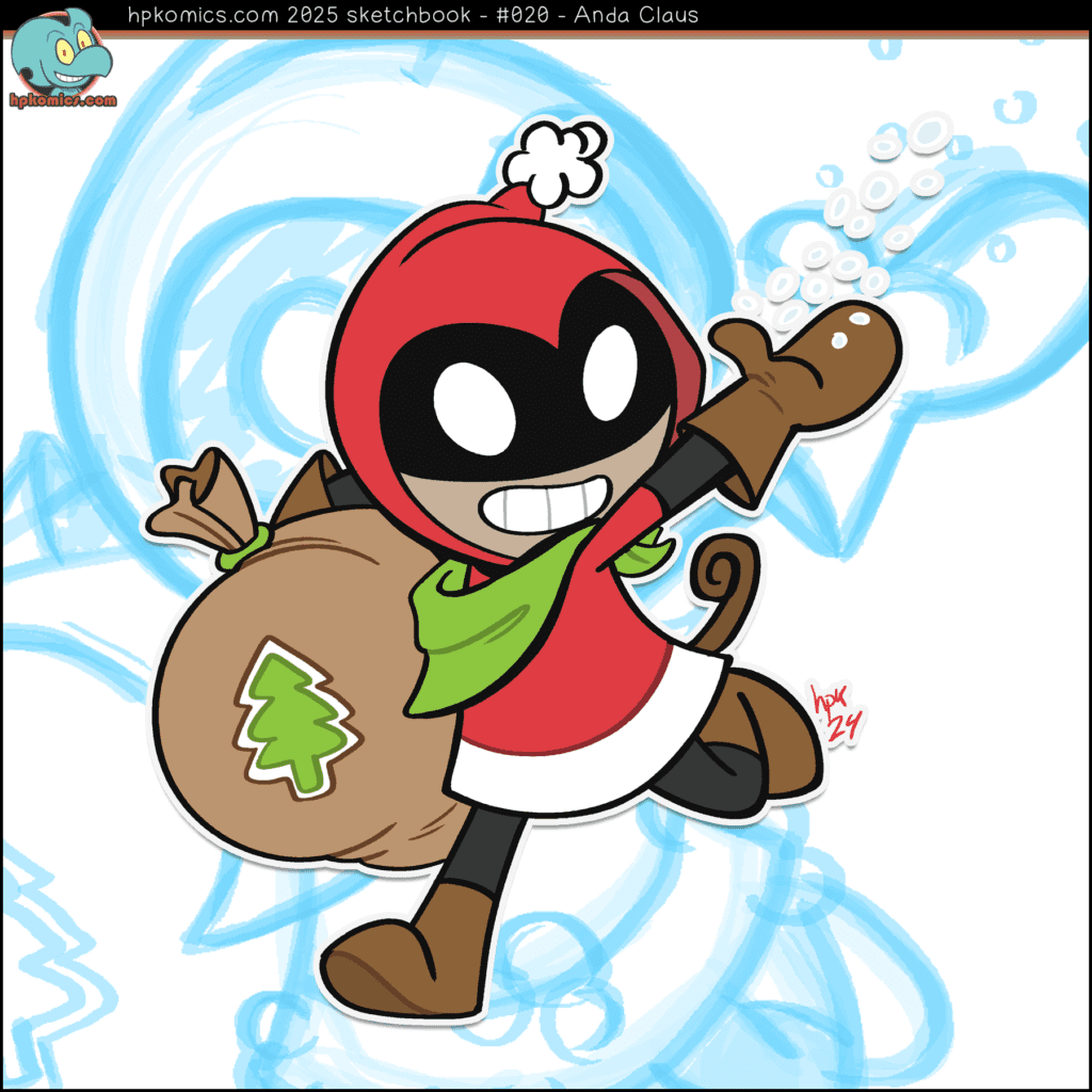 hpkomics sketchbook drawing of Anda Bandit as Anda Claus robbing christmas presents