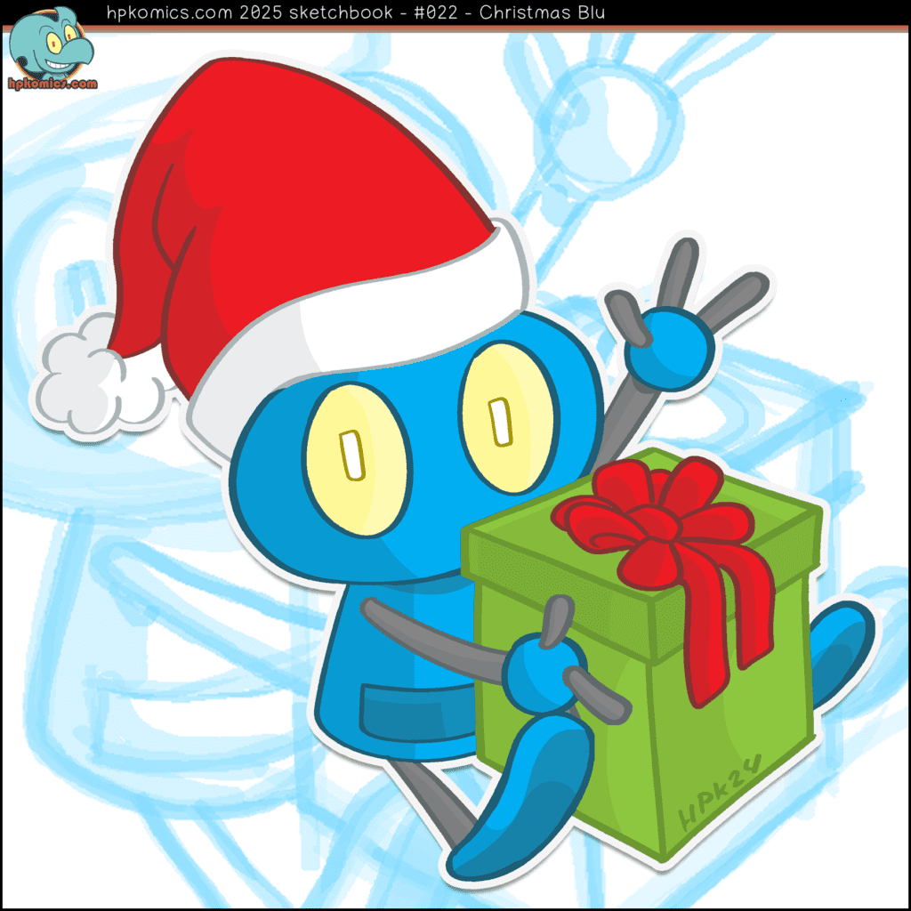 Sketchbook drawing of Blu the robot from Cosmic Dash webcomic