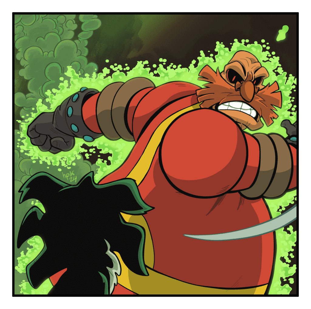 Sonic The Comic Reillustrated panel featuring an aged Sonic and Dr. Robotnic, who is radiating power. Illustrated by hpkomic.