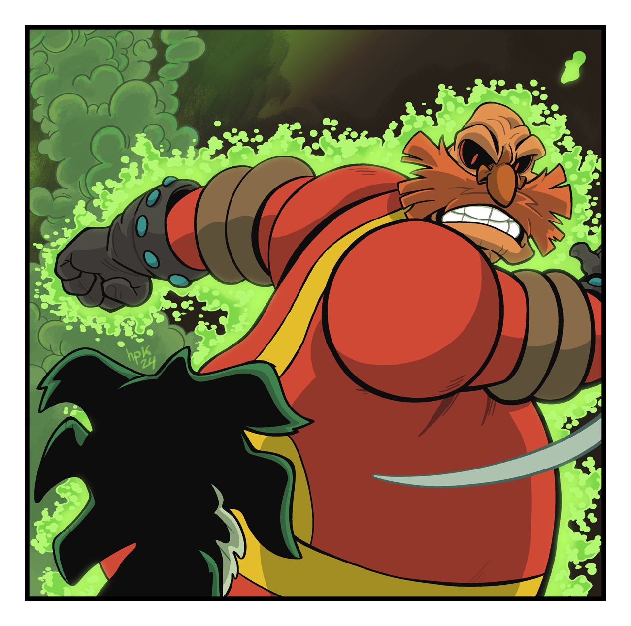 Sonic The Comic Reillustrated panel featuring an aged Sonic and Dr. Robotnic, who is radiating power. Illustrated by hpkomic.