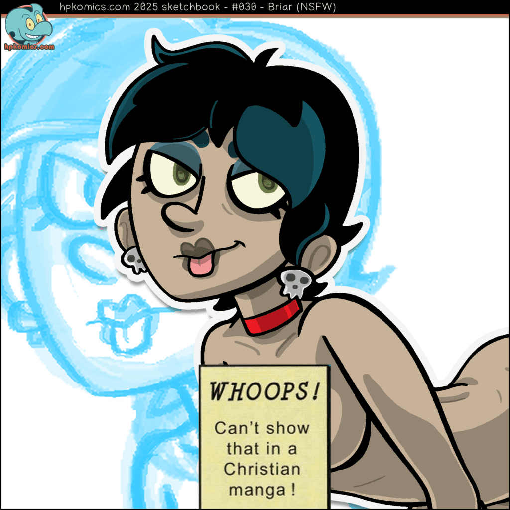 A censored pinup of Briar from Thorn By My Side for the sketchbook at hpkomics.com