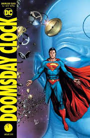 A cover for Doomsday Clock, depicting the iconic Superman and Doctor Manhattan in a cover the evokes the original Watchmen.