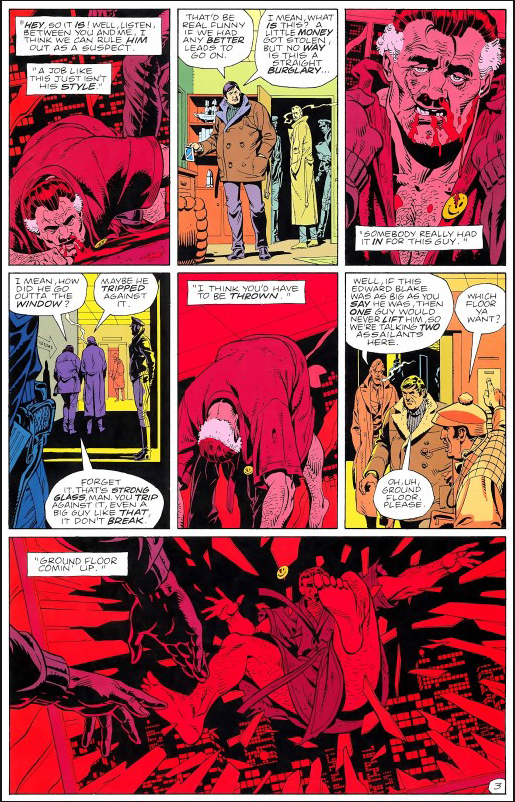 A famous page from the original Watchmen, depicting the death of The Comedian.