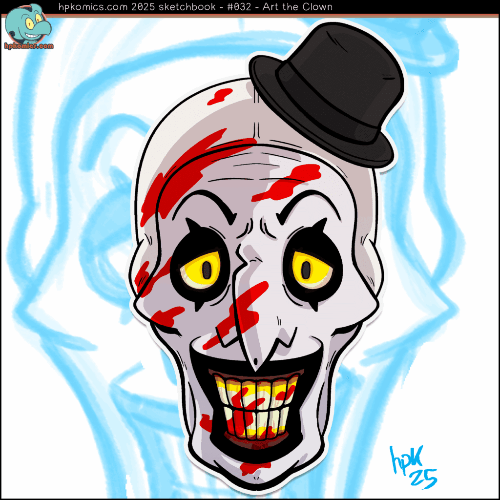 Cartoon illustration of Art the Clown from the Terrifier horror franchise.
