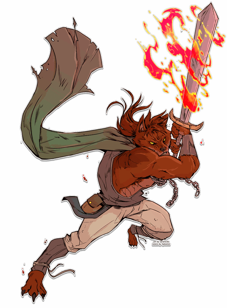 Illustration of Fang leaping into battle, wielding a flaming sword. Art by Dylancito (https://www.fiverr.com/patoyo), colors by hpkomic