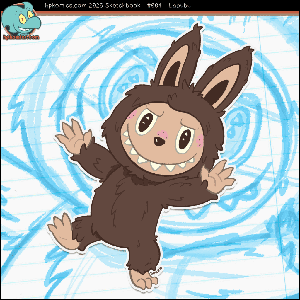 A sketchbook page depicting a labubu walking like a toddler