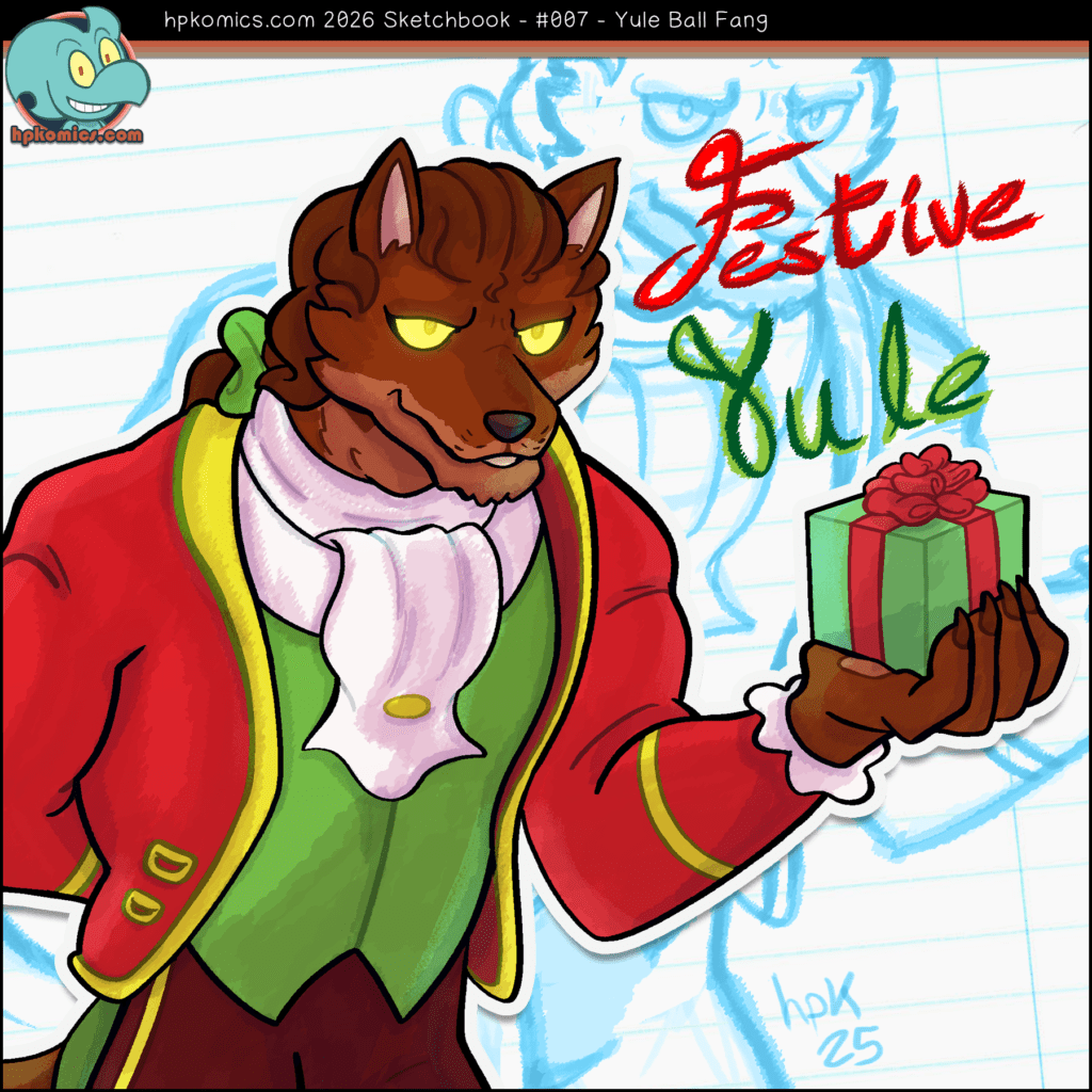 sketchbook page depicting Fang of Triseria in festive clothing