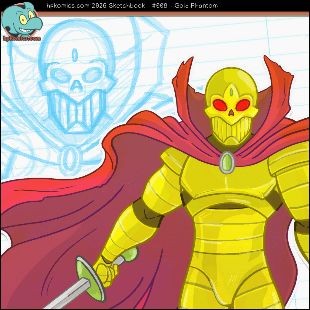 Sketchbook page featuring the Gold Phantom, a gold-clad, knightly figure.