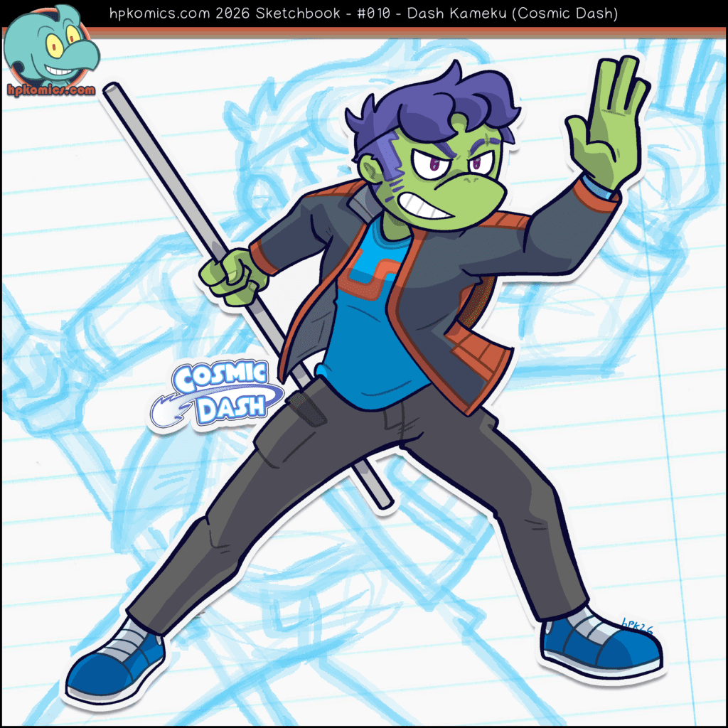 A sketchbook page depicting Dash Kameku from Cosmic Dash