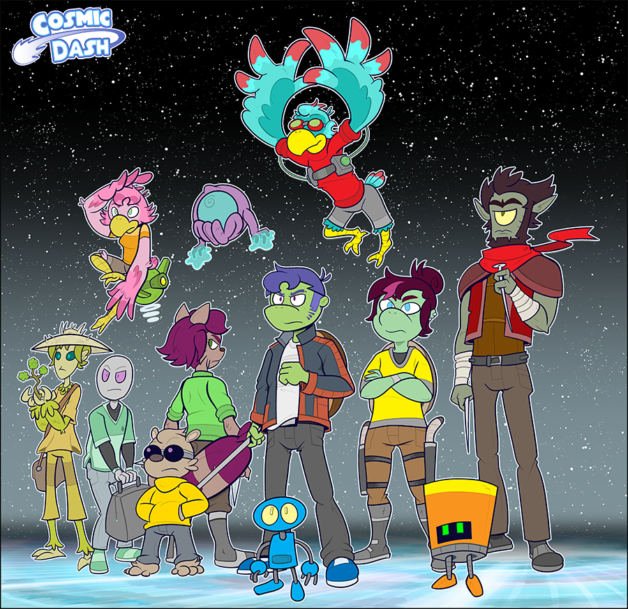 An image depicting the main characters of Cosmic Dash in some near future state.