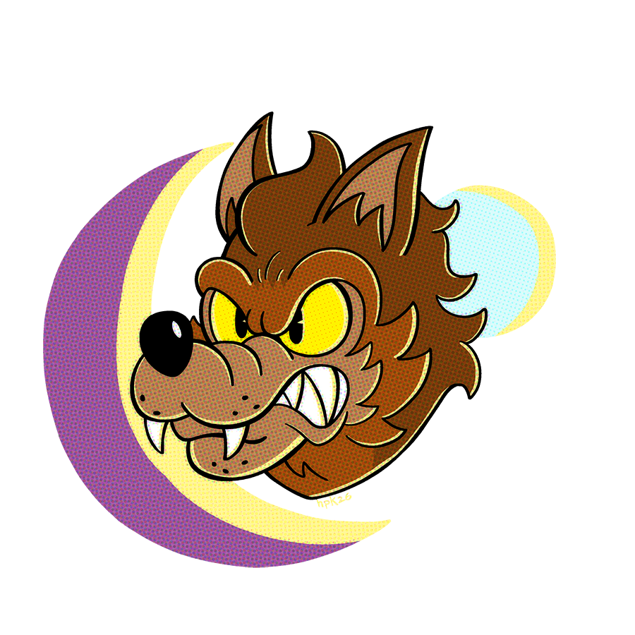 Retro fang design in the style of classic cartoons with the two moons from Aurin.