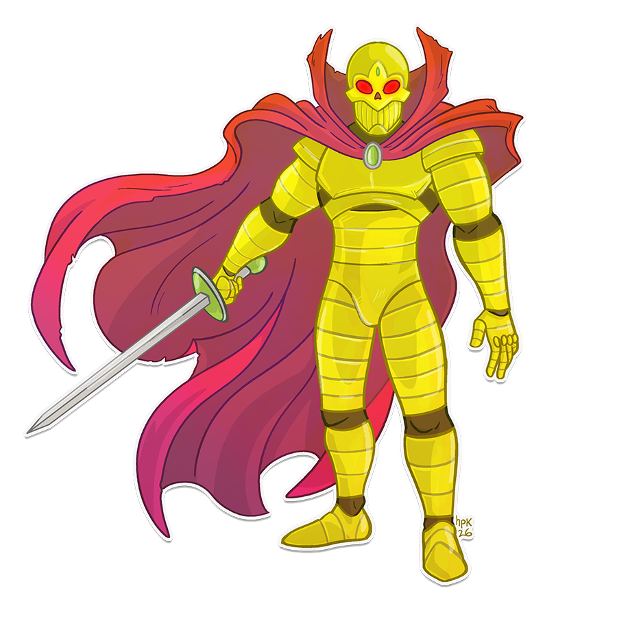 Illustration of the Gold Phantom -a a resplendent, mysterious knight.