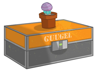 Guugel's lockbox with Blu's mushroom.