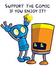 Graphic depicting Blu and Bucketbot from Cosmic Dash.