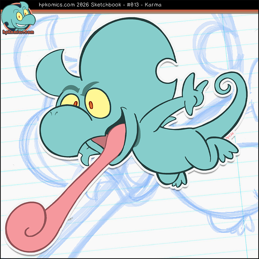 A sketchbook illustration of Karma, a lizard character
