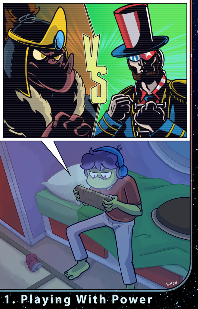 Dash playing 'Romance of the Three Factions' for the chapter one cover of Cosmic Dash: The Swarm