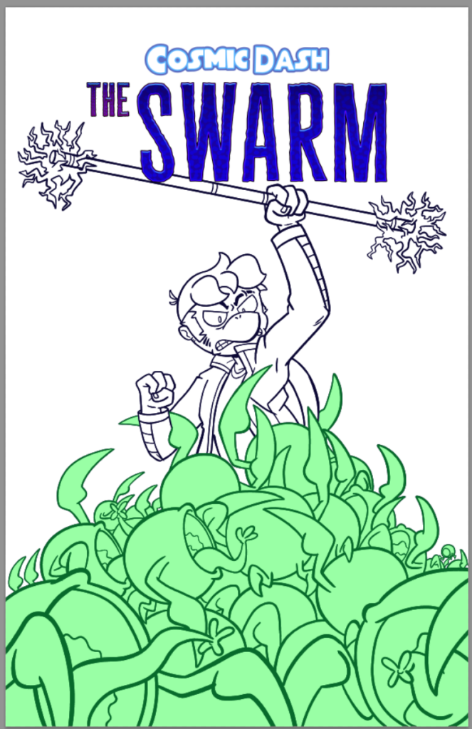 An inked and masked draft of the novel cover, complete with logo.