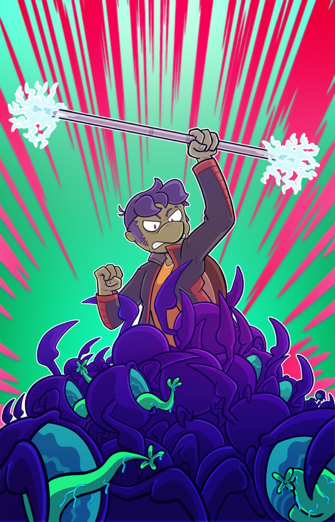 A textless version of the cover of Cosmic Dash: The Swarm