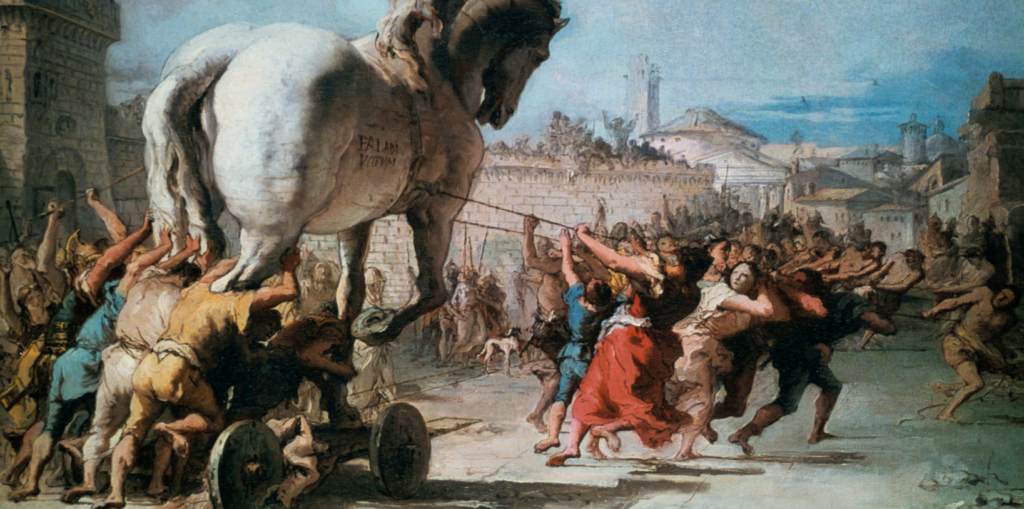 Print Collector/Getty Images depicting the Trojan Horse of The Odyssey